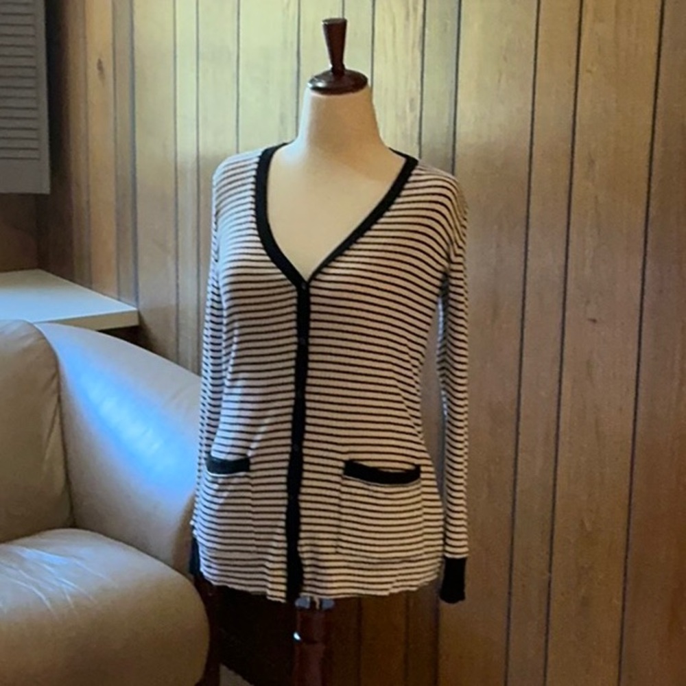 Three Dots Striped Black and White Women's cardigan